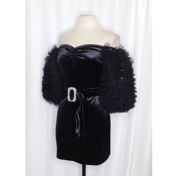 NWT!! ZARA Black Velvet Dress Ruffled Tulle Sleeves Rhinestone Party Cocktail - Picture 7 of 16